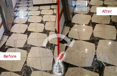 Sir Grout Polishes this Dull Greenwich Township Marble Stone Floor To Recover Its Luster Before and After Picture of a Dull Greenwich Township Marble Stone Floor Polished To Recover Its Luster