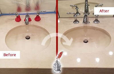 Sir Grout Polishes this Dull Greenwich Township Marble Stone Vanity Top to Bring-Back Its Sheen Before and After Picture of a Dull Greenwich Township Marble Stone Vanity Top Polished to Bring-Back Its Sheen