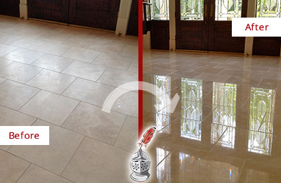 Sir Grout Polishes this Dull Greenwich Township Travertine Stone Floor to Recover Its Gloss Before and After Picture of a Dull Greenwich Township Travertine Stone Floor Polished to Recover Its Gloss