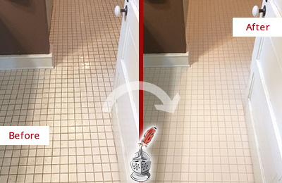Before and After Picture of a Delran Bathroom Floor Sealed to Protect Against Liquids and Foot Traffic