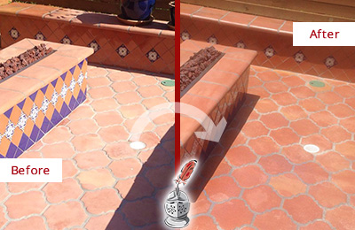 Sir Grout Seals this Dull Jackson Terracotta Patio Floor For UV Protection Before and After Picture of a Dull Jackson Terracotta Patio Floor Sealed For UV Protection