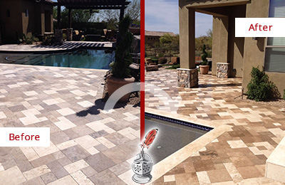 Sir Grout Seals this Faded Jackson Travertine Pool Deck For Extra Protection Before and After Picture of a Faded Jackson Travertine Pool Deck Sealed For Extra Protection
