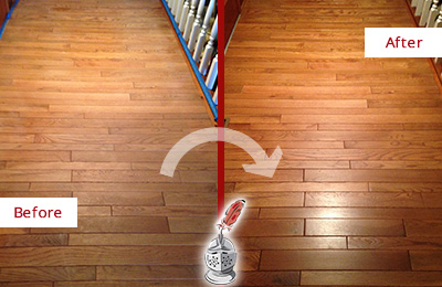 Sir Grout Restored This Dull Sea Girt Hallway Floor with a Deep Cleaning Service Before and After Picture of a Sea Girt Wood Deep Cleaning Service on a Dull Hallway