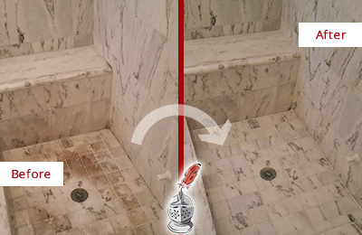 Sir Grout Cleans this Dirty Brigantine Marble Shower to Eliminate Dark Stains Before and After Picture of a Dirty Brigantine Marble Shower Cleaned to Eliminate Dark Stains