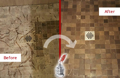 Sir Grout Cleans this Stained Brigantine Shower Marble Floor to Remove Etch Marks Before and After Picture of a Stained Brigantine Marble Shower Floor Cleaned to Remove Etching