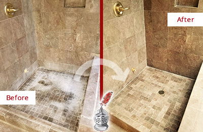 Sir Grout Cleans this Brigantine Travertine Shower to Eliminate Water Spots Before and After Picture of a Brigantine Travertine Shower Cleaned to Eliminate Water Spots