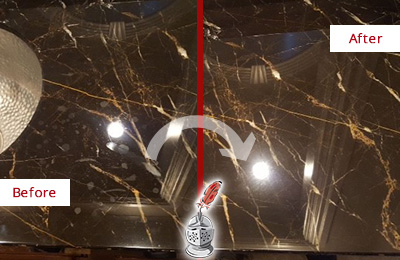 Sir Grout Cleans this Brigantine Marble Countertop to Remove Water Spots Before and After Picture of a Brigantine Marble Countertop Cleaned to Remove Water Spots