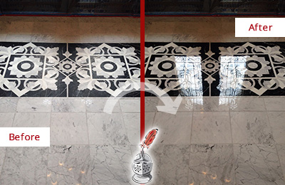 Sir Grout Seals the Stone of this Leonardo Marble Floor to Recover Its Sheen Before and After Picture of a Leonardo Marble Stone Sealed to Recover Its Sheen