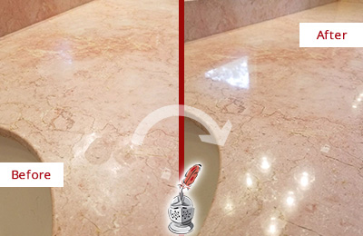 Sir Grout Seals this Leonardo Marble Stone Vanity Top to to Avoid Water Marks Before and After Picture of a Leonardo Marble Stone Vanity Top Sealed to Avoid Water Marks
