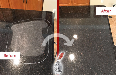 Sir Grout Hones this Egg Harbor Granite Kitchen Countertop to Eliminate Scratch Before and After Picture of a Egg Harbor Granite Kitchen Countertop Honed to Eliminate Scratch