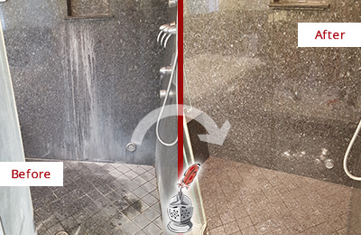 Before and After Picture of a New Egypt Granite Shower Honed to Remove Soap Scum