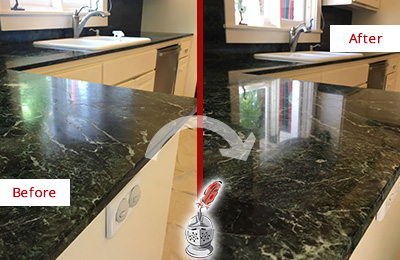 Sir Grout Hones this Egg Harbor Marble Kitchen Countertop to Remove Water Marks Before and After Picture of a Egg Harbor Marble Kitchen Countertop Honed to Remove Water Marks
