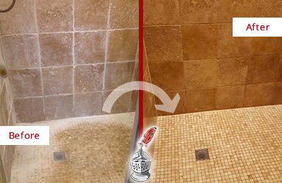 Before and After Picture of a Egg Harbor Travertine Shower Honed to Remove Mineral Deposits