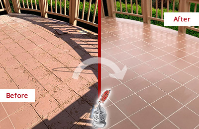 Before and After Picture of a Harrison Township Hard Surface Restoration Service on a Tiled Deck