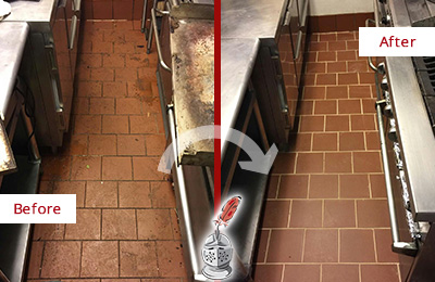 Before and After Picture of a Medford Hard Surface Restoration Service on a Restaurant Kitchen Floor to Eliminate Soil and Grease Build-Up