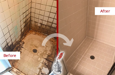 Sir Grout Restored This Wycoffs Mills Tile Bathroom to Repair Water Damage Before and After Picture of a Wycoffs Mills Hard Surface Restoration Service on a Tile Bathroom to Repair Water Damage