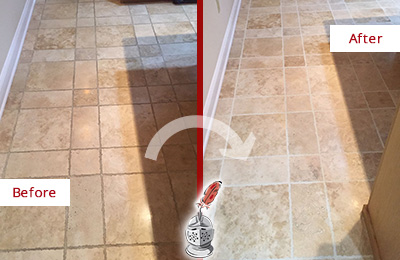Sir Grout Cleans this Berkeley Kitchen Floor's Grout to Recover Its Color Before and After Picture of Berkeley Kitchen Floor Grout Cleaned to Recover Its Color