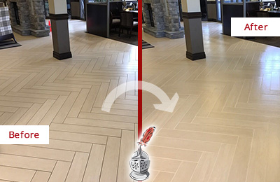 Sir Grout Cleans the Grout on this Berkeley Lobby Floor Before and After Picture of a Berkeley Lobby Floor Cleaned to Even the Grout Color