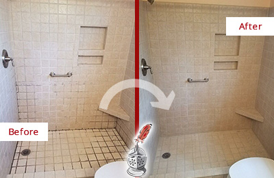 Before and After Picture of a Brigantine Shower Grout Cleaned to Remove Mold
