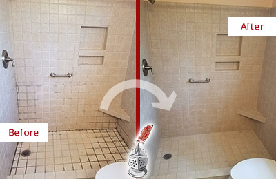 Sir Grout Cleans the Grout on this Berkeley Moldy Shower Before and After Picture of a Berkeley Shower Grout Cleaned to Remove Mold