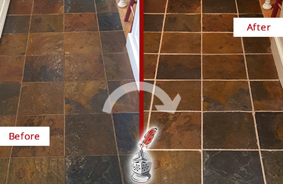 Sir Grout Cleans the Grout on this Berkeley Slate Floor Before and After Picture of Berkeley Slate Floor Grout Cleaned to Remove Dirt