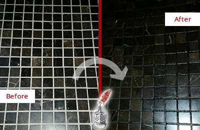 Before and After Picture of a Tennent Black Floor with Recolored Grout