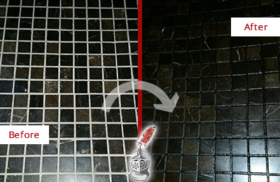 Sir Grout Recolored the Grout of this Pine Beach Black Tile Floor Before and After Picture of a Pine Beach Black Floor with Recolored Grout