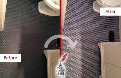 Sir Grout Recolors the Grout on this Pine Beach Blue Tile Floor Before and After Picture of a Pine Beach Blue Tile Floor Recolored Grout