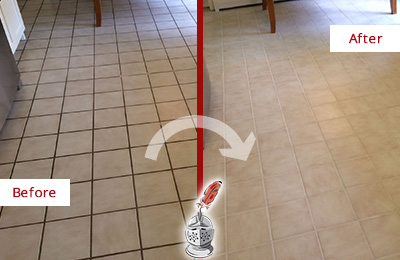 Sir Grout Recolors this Pine Beach Kitchen Tile Floor's Grout Before and After Picture of a Pine Beach Kitchen Tile Floor with Recolored Grout