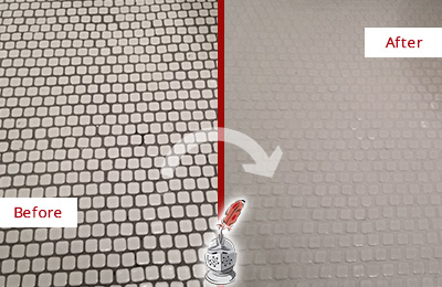 Sir Grout Recolors the Grout of this Pine Beach White Mosaic Tile Before and After Picture of a Pine Beach White Mosaic Tile Recolored Grout
