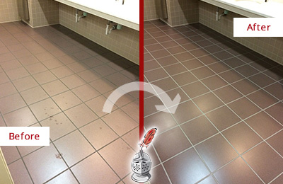 Sir Grout Seals the Grout on this Princeton Township Office Restroom to Refresh Its Look Before and After Picture of Dirty Princeton Township Office Restroom with Sealed Grout
