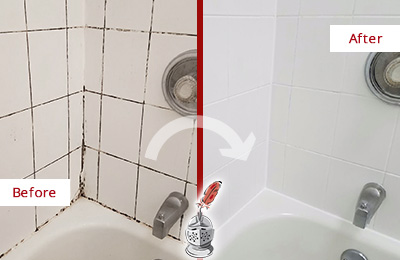 Before and After Picture of a Buena Tub with Sealed Grout to Eliminate Mold