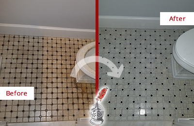 Sir Grout Cleans this Mount Laurel Bathroom Floor to Remove Embedded Dirt Before and After Picture of a Mount Laurel Bathroom Floor Cleaned to Remove Embedded Dirt